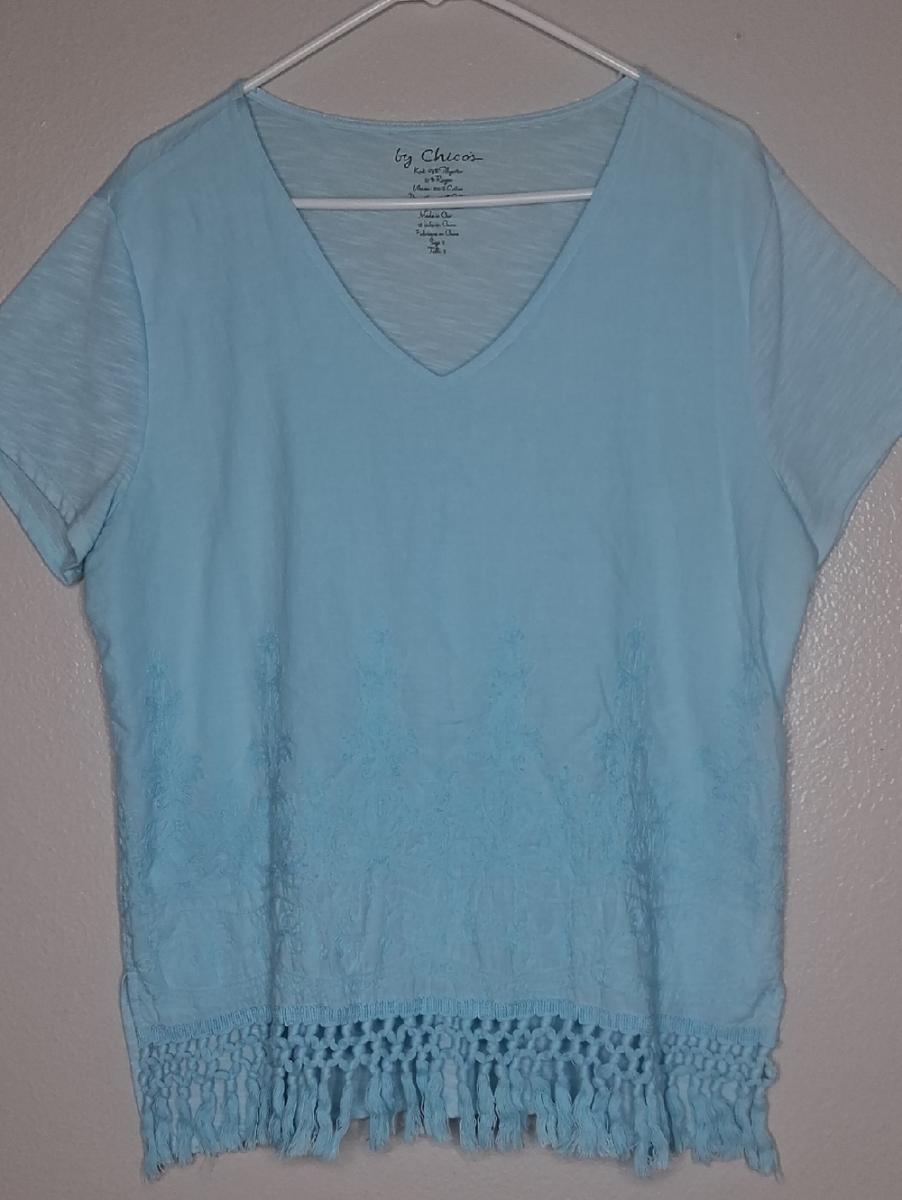 Chico’s Fringe Embroidered Tee Top Short Sleeve Aria Aqua Boho Size XL